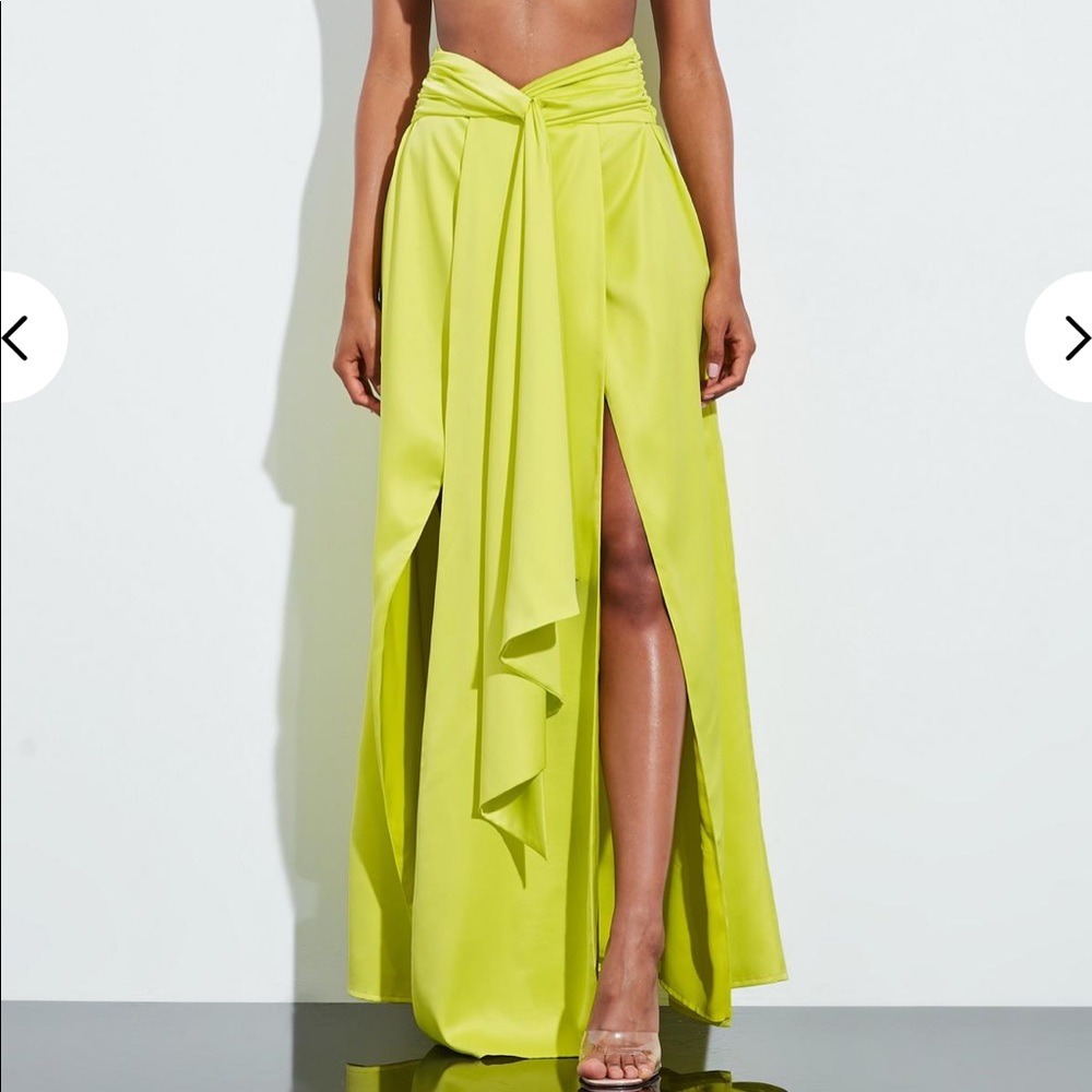 Missguided lime satin split leg maxi skirt